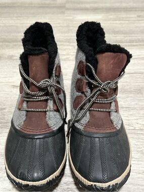 SOREL Waterproof Felt Duck Boots Women’s 9.5 Gray Brown Faux Fur